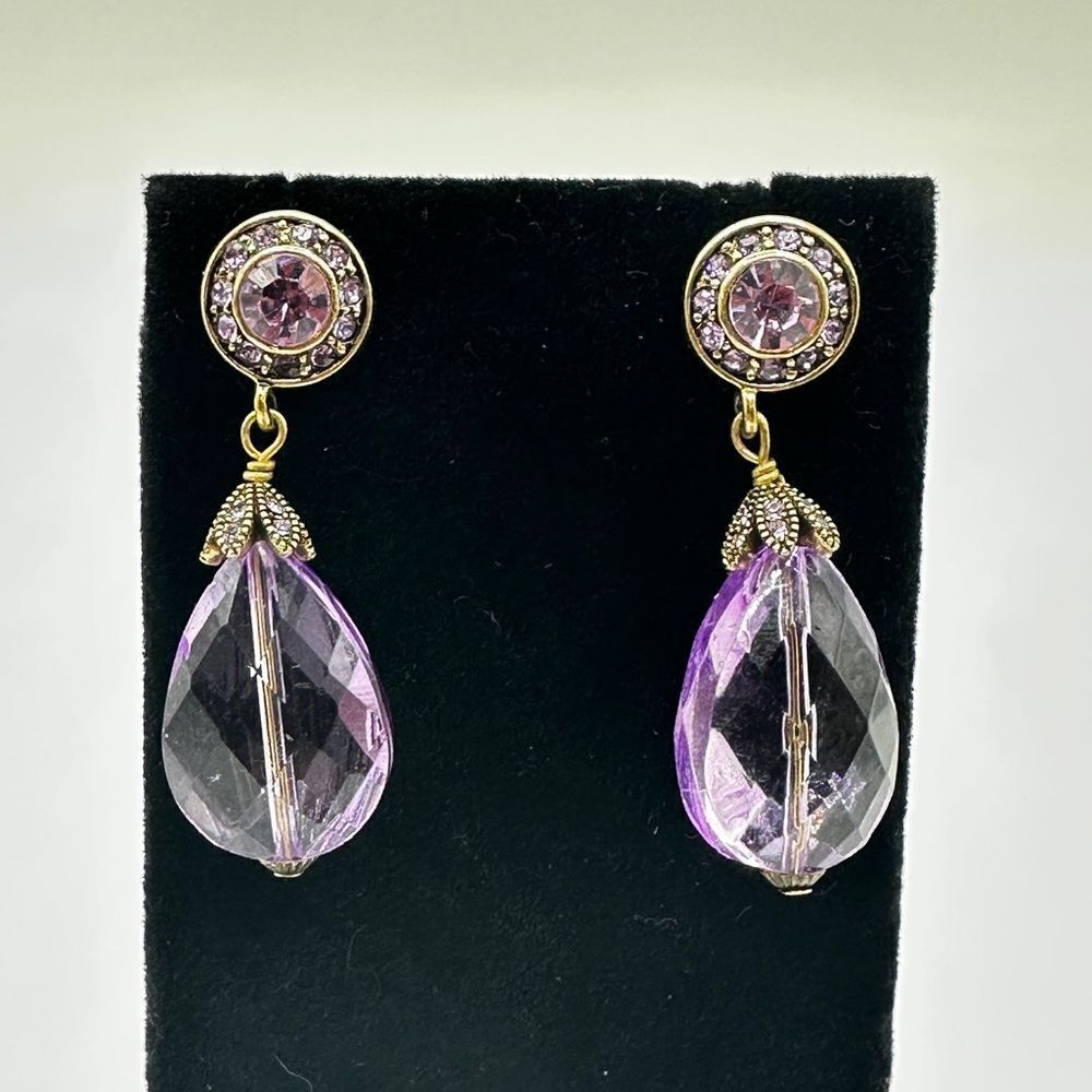 2" Heidi Daus light purple pave rhinestone and purple acrylic dangle earrings!‎